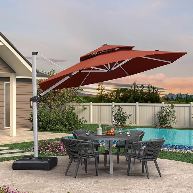 PURPLE LEAF 11 FT Cantilever Patio Umbrellas with Base Included, Large Round Offset Umbrella with 360° Rotation, Outdoor Aluminum Pool Umbrella for Pool Lawn Garden, Brick Red