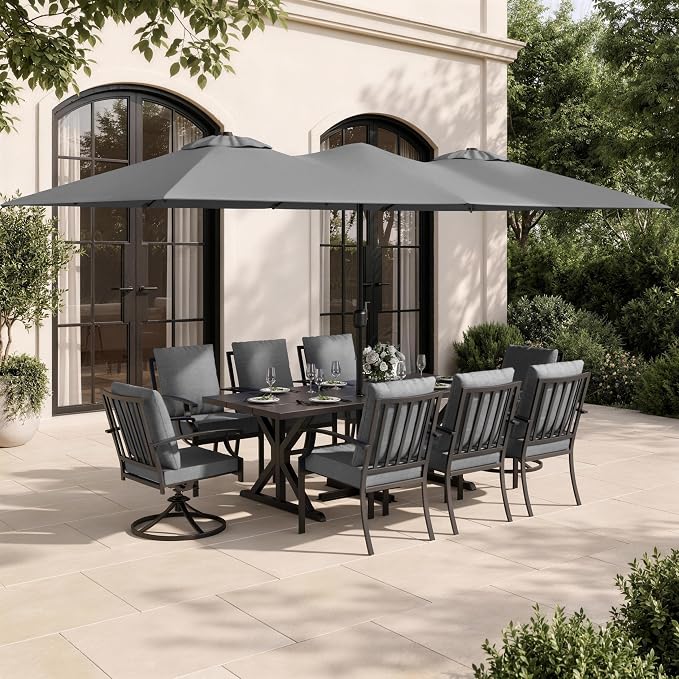 10 Piece Outdoor Dining Set for 8, Patio Table and Chairs Set with Umbrella & Cushions, Patio Furniture Set with 2 Swivel Chairs, Metal Dining Table with Umbrella Hole for Lawn Garden Yard-Grey