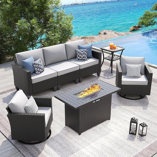UDPATIO Patio Furniture Set with Fire Pit Table, Rocking Swivel Chairs, 5 Pieces Outdoor Furniture Sets, All-Weather Wicker Outdoor Sectional Sofa with Cover, 4'' Thickened Cushion, Light Grey