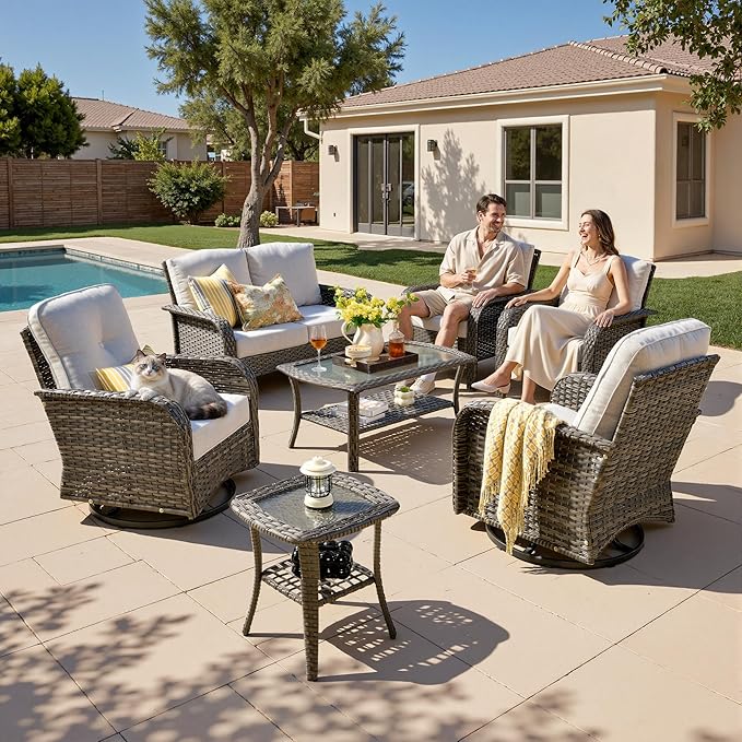 7-Piece Patio Furniture Set, Outdoor Wicker Furniture with Coffee Table, High Back Swivel Rocker Patio Chairs, Modern Rattan Outdoor Chairs Conversation Set for Porch, Balcony, Garden, Grey