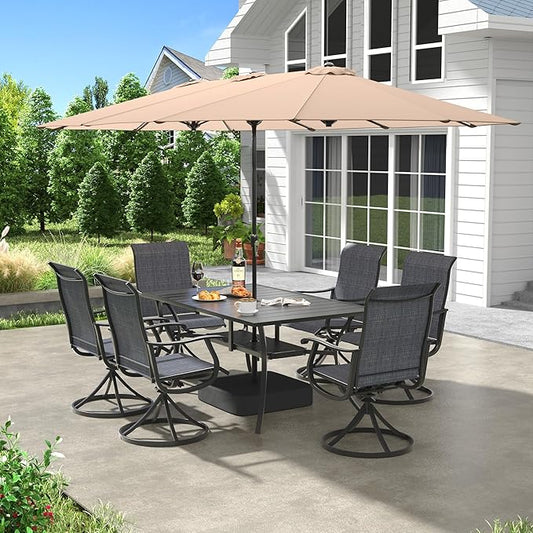 VICLLAX 8 Pieces Patio Dining Set with Patio Umbrella, 6 Patio Swivel Chairs and Metal Patio Table with 15ft Wheat Outdoor Umbrella for Backyard, Dark Charcoal Chairs & Black Tabletop