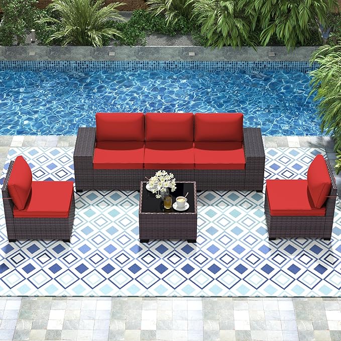 Patio Furniture Set 6 Pieces Outdoor Sectional Sofa Set,PE Rattan Wicker Patio Conversation Set with Thickened Cushions and Glass Coffee Table,Red
