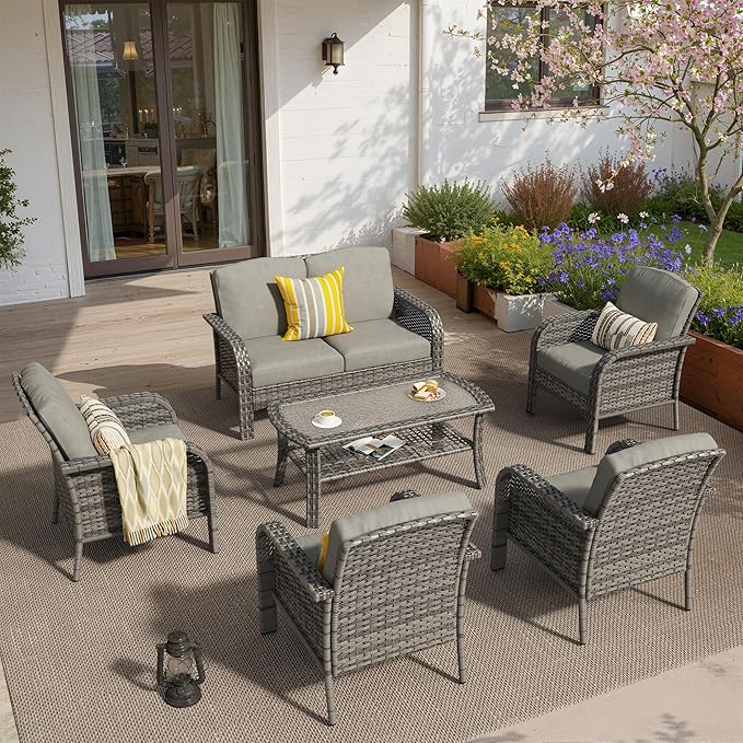 6 PCS Outdoor Patio Furniture Set with Glass Table, All-Weather Rattan Wicker Outdoor Conversation Set with Thickened Cushions for Balcony Backyard Garden Lawn,Dark Grey