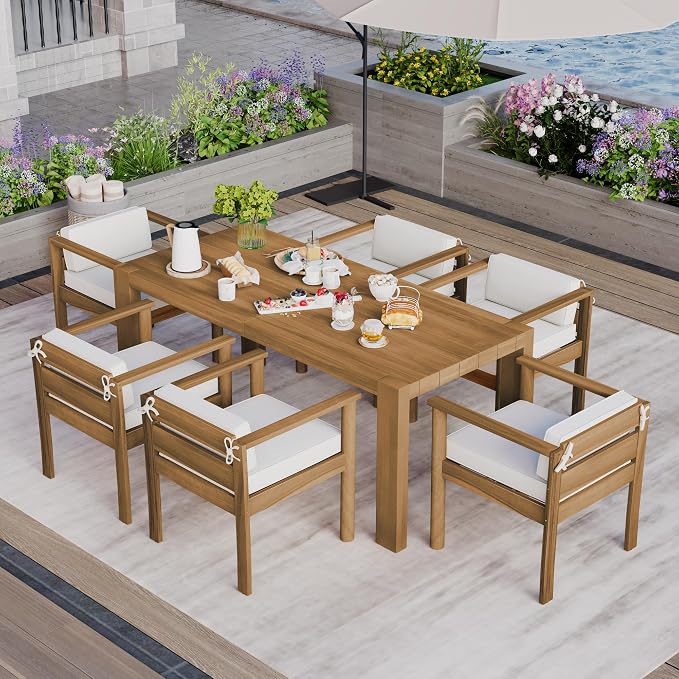 7-Piece Patio Dining Table Set for 6, Outdoor Furniture Sets with 71" Rectangle Table and Removable Cushions for Backyard, Garden, Poolside Deck (Beige+Light Teak)