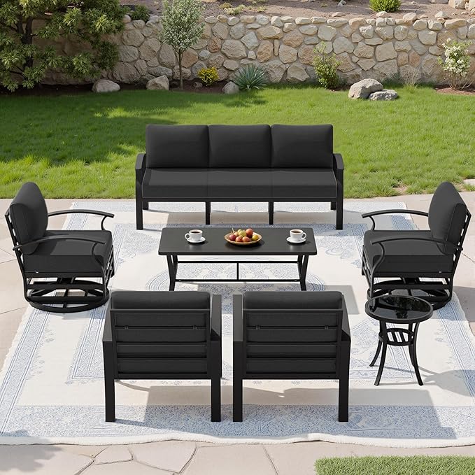 Kullavik Aluminum Patio Furniture Set with Rectangular Coffee Table,7-seat Metal Outdoor Sectional Furniture w/5.1" Cushions,Patio Conversation Sets with Swivel Chairs for Garden,Backyard,Porch-Black