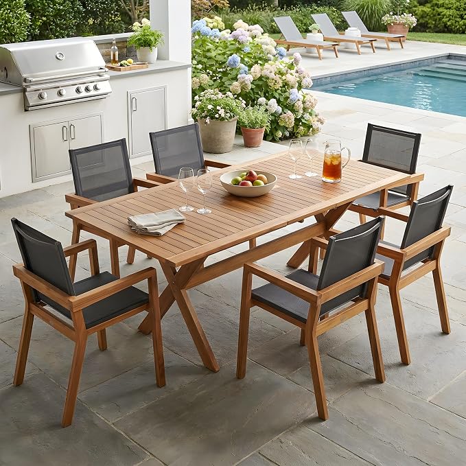 Christopher Knight Home Tomi 7 Piece Acacia Wood Outdoor Dining Table Set for 6, Extendable Dining Table and 6 Chairs with Mesh Back & Seat, Wooden Outdoor Patio Furniture Set, Teak + Black