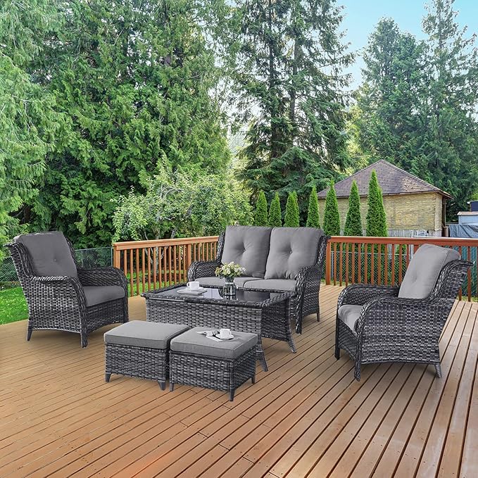 Belord 6 Pieces Patio Furniture Set Outdoor Wicker Furniture, 2 Patio Wicker Chairs with 1 Loveseat Sofa, Coffee Table and Ottomans, Patio Conversation Set for Porch Garden Deck Balcony Poolside