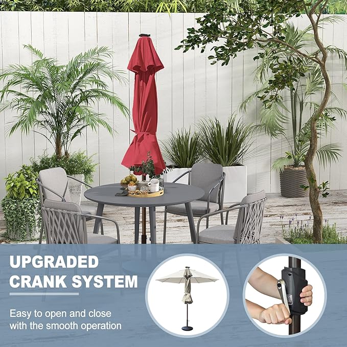 EliteShade USA 10-Year-Non-Fading 10ft Market Patio Umbrella, Commercial Grade Table Sun Umbrella with 80 Solar LED Lights, Crank Open, Windproof & UPF 50+ UV Protection for Garden, Deck, Pool, Backyard, Burgundy