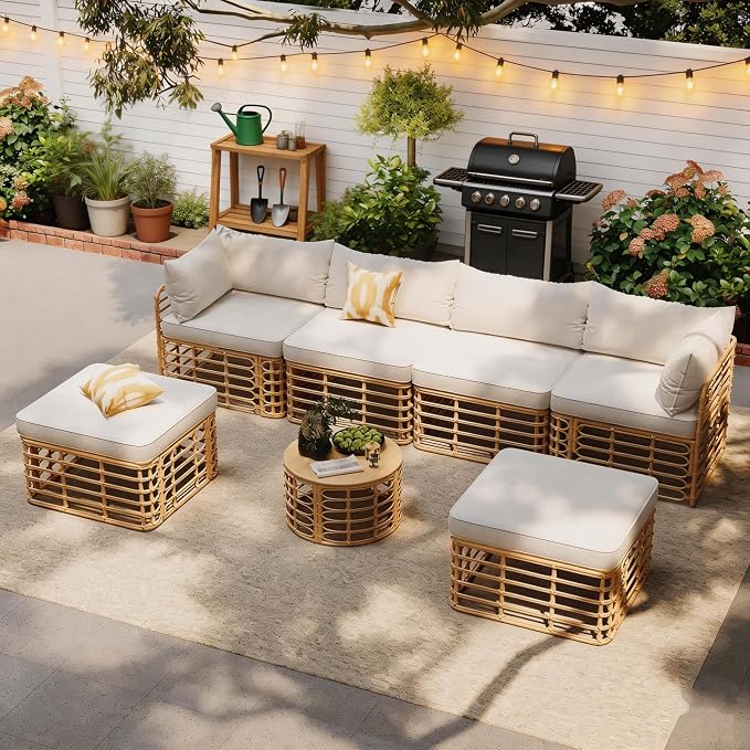 LUMISOL 7 Pieces Outdoor Wicker Sectional Sofa Set with Ottomans & Coffee Table, Rattan Conversation Sofa, Beige
