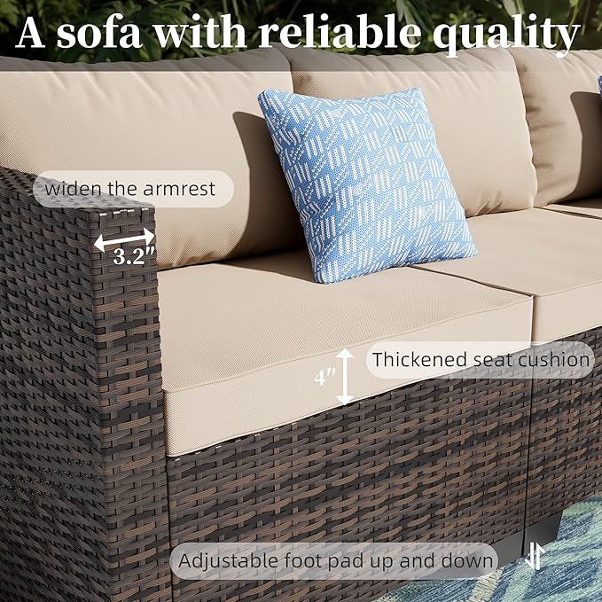 7 Pieces Patio Furniture Set - Outdoor Sectional Wicker Rattan Furniture with Cushion and Glass Table Patio Conversation Sets for Porch Poolside Backyard Outdoor Sofa Set Modular Sofa