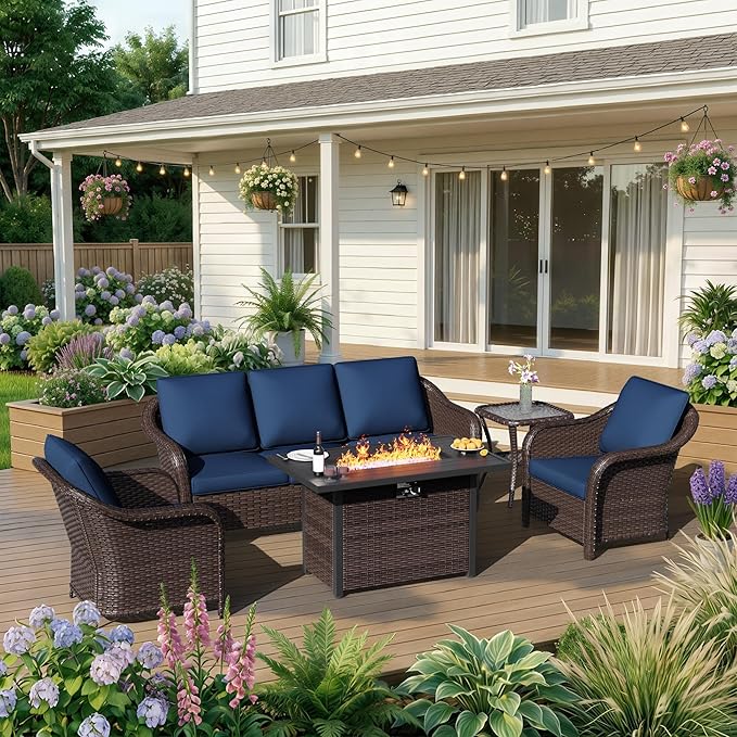 5 Piece Patio Wicker Conversation Set, All-Weather Use Outdoor Wicker Sofa with 2 PE Rattan Ottomans,2 Chair, 1 Side Table, Ideal for Porch, Backyard, Balcony, Poolside, Blue