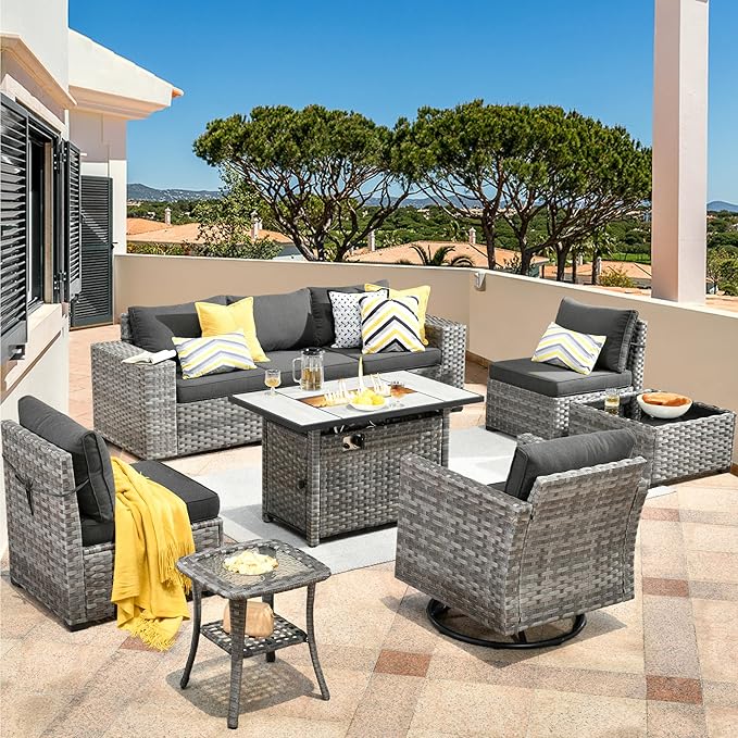 HOOOWOOO Outdoor Patio Sectional Furniture Sofa Set with Large Fire Pit Table,9 Piece Modern Wicker Couch with Swivel Chair,Modular Conversation Seating Set with Widened Armrest(Black)