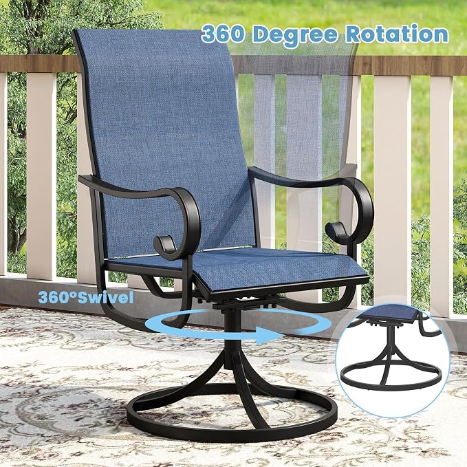 DIFY 7 Pieces Outdoor Dining Set for 6, Outdoor Furniture Set of 6 Blue Textilene Swivel Patio Chairs, 50" Black Round Metal Dining Table with Umbrella Hole, for Garden Deck Backyard