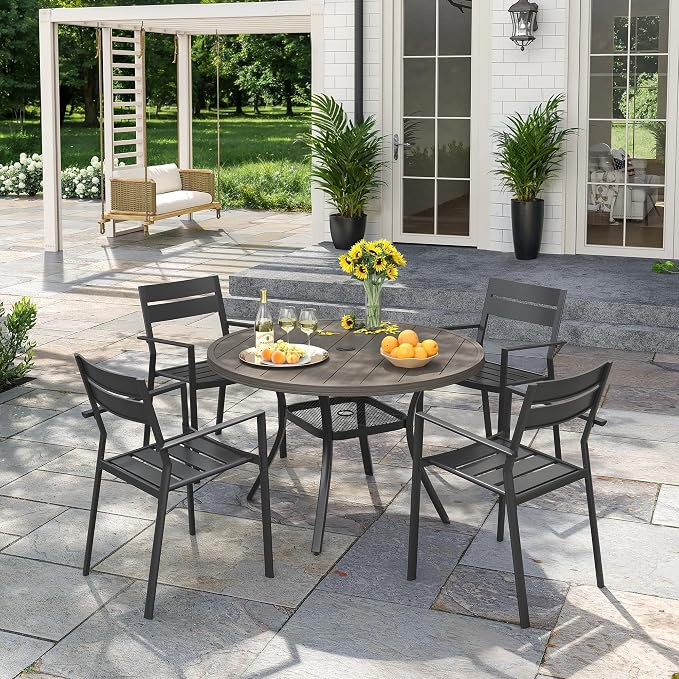 VICLLAX Patio 5 Pieces Outdoor Dining Set, Wrought Iron Metal Outdoor Table and Chairs Set, 40.6" Round Table with Umbrella Hole and 4 Stackable Chairs for Lawn, Garden, Porch, Grey/Black