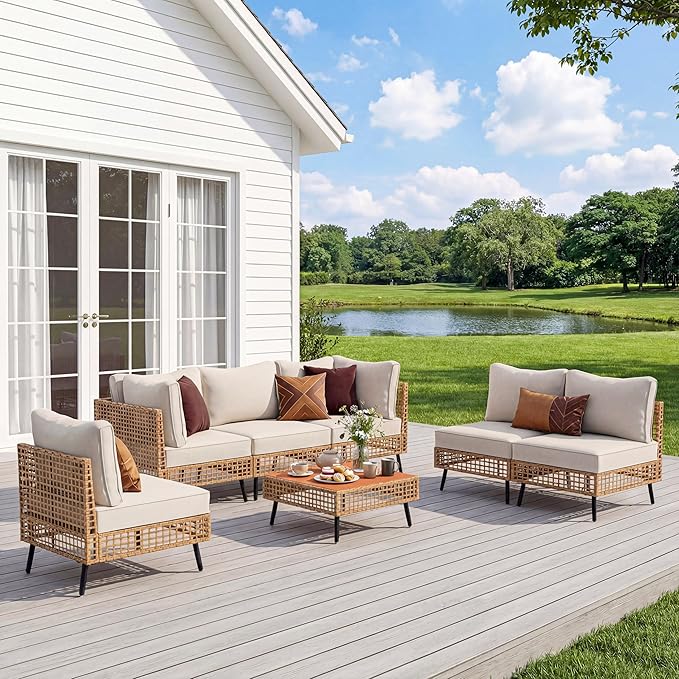 LAUSAINT HOME 7 Pieces Outdoor Sectional Sofa Set, All-Weather PE Wicker Rattan Patio Conversation Set with Thick Cushions & Coffee Table, Patio Furniture Set for Garden, Backyard, Porch (Beige)