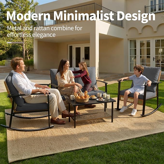 Deersky 4 Piece Outdoor Patio Furniture Set, Outdoor Rocking Chairs and Table, All-Weather Modern PE Wicker Rattan Patio Conversation Set for Porch Sunroom Deck and Yard, Dark Grey