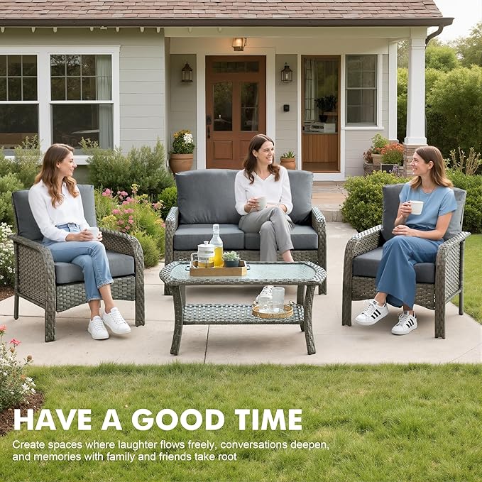 Wicker Patio Furniture Set High Back Loveseat Sofa Couch Armchair Coffee Table, All Weather Rattan 4 Pieces Outdoor Conversation Sets for Patio Porch Deck Backyard Poolside, Dark Gray