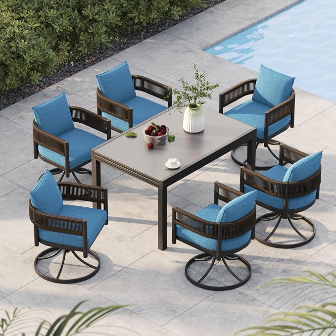 Grand patio 5-Piece Expandable Table Dining Set for 6 to 10, Aluminum Outdoor Dining Table with Glass Tabletop, Metal Woven Wicker Swivel Patio Chairs with Cushions for Yard, Poolside, Deck (Brown)