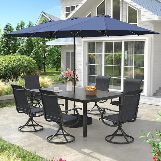 VICLLAX Patio Table and Chairs with Patio Umbrella, 6 Patio Swivel Chairs and Metal Patio Table with 15ft Blue Outdoor Umbrella for Backyard, Dark Charcoal Chairs & Black Tabletop