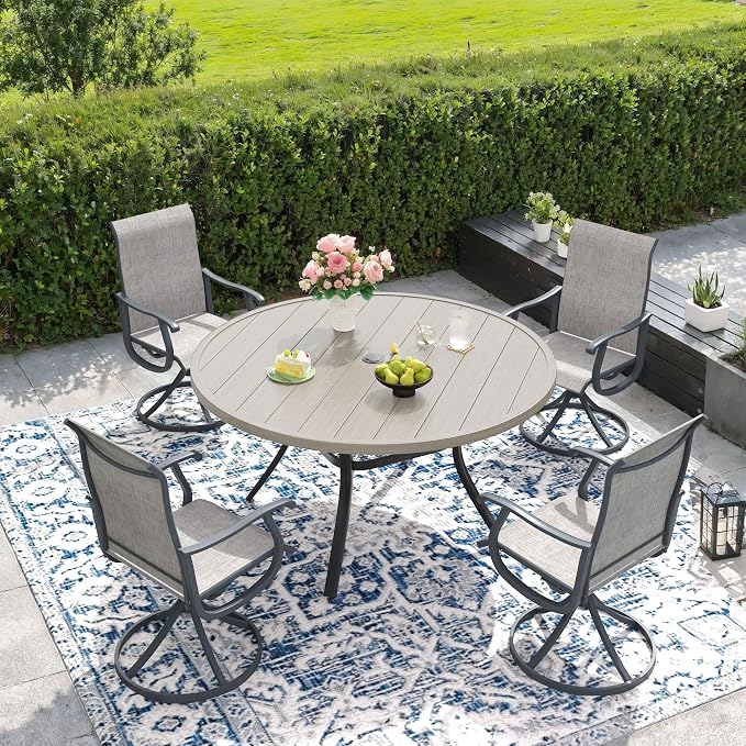 DIFY Outdoor Dining Set for 4, 5 Piece Patio Table and Chairs Set, Swivel Patio Chairs with Grey Textilene & 47.2" Grey Wood-Like Round Metal Dining Table with Umbrella Hole, for Garden Backyard Deck