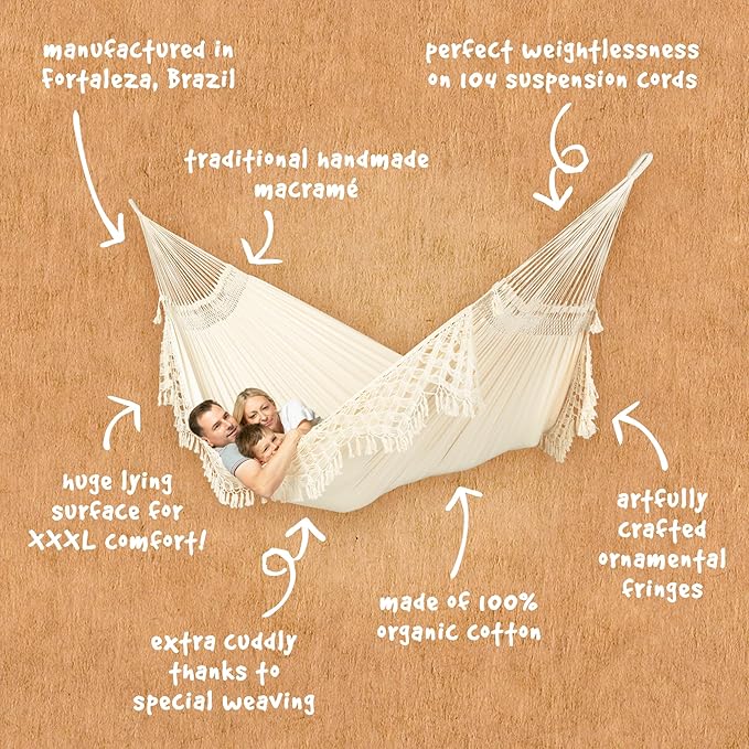 LA SIESTA® - XL King Bossanova Brazilian Hammock - Luxurious Comfort, Organic Cotton Handmade in Brazil - Boho Hammock, Macrame Hammock - Extra-Wide Indoor Hammock Bed for Relaxation - Latte