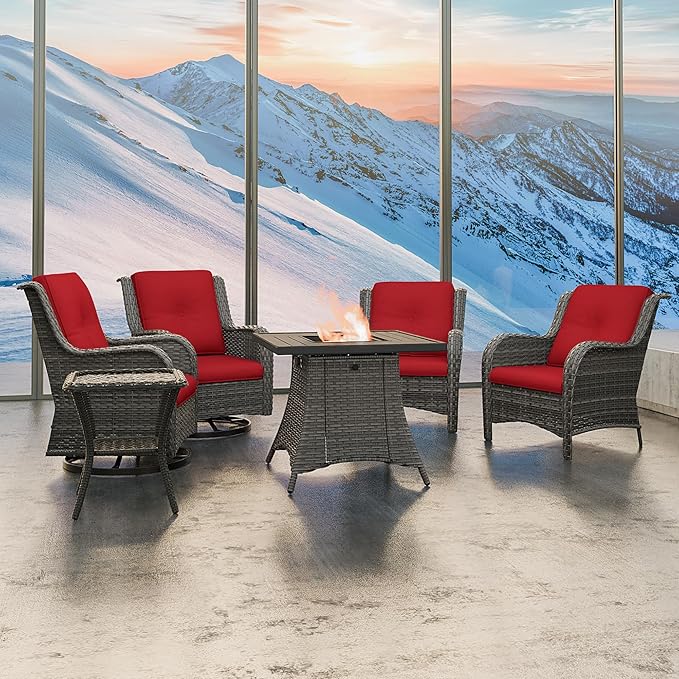 6 Pcs Patio Furniture Set with Fire Table-31'' Fire Pit Table, 1 Side Table, 4 Outdoor Rattan Wicker Conversation Chairs (2 Fixed & 2 Swivel) （Red）