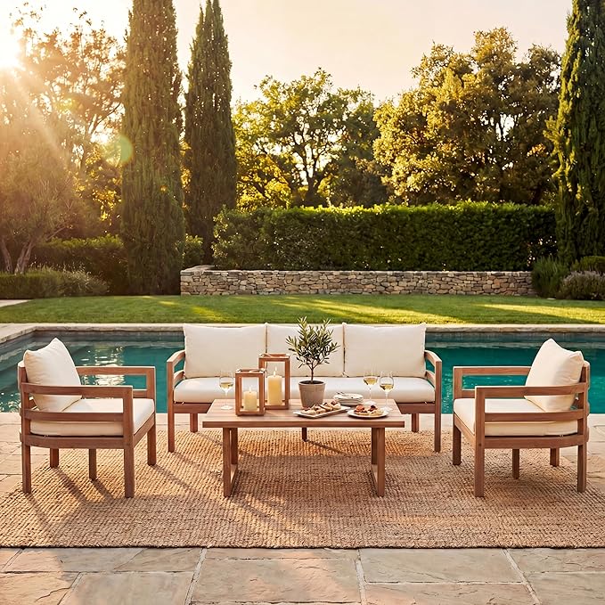 Christopher Knight Home Alger 5-Seater Patio Furniture Set with Removable Cushion, 4 Piece Outdoor Acacia Wood Conversation Set, Wooden Outdoor Sectional Sofa Set with Coffee Table, Light Teak+Beige