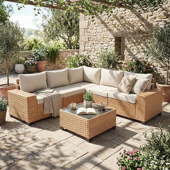 SUNSITT 6-Piece Patio Furniture Set, Outdoor Wicker Modular Sectional Sofa with 7.7-inch Wide Armrests & Thick Comfy Cushions, Glass Top Coffee Table, Rattan Conversation Set, Natural Color