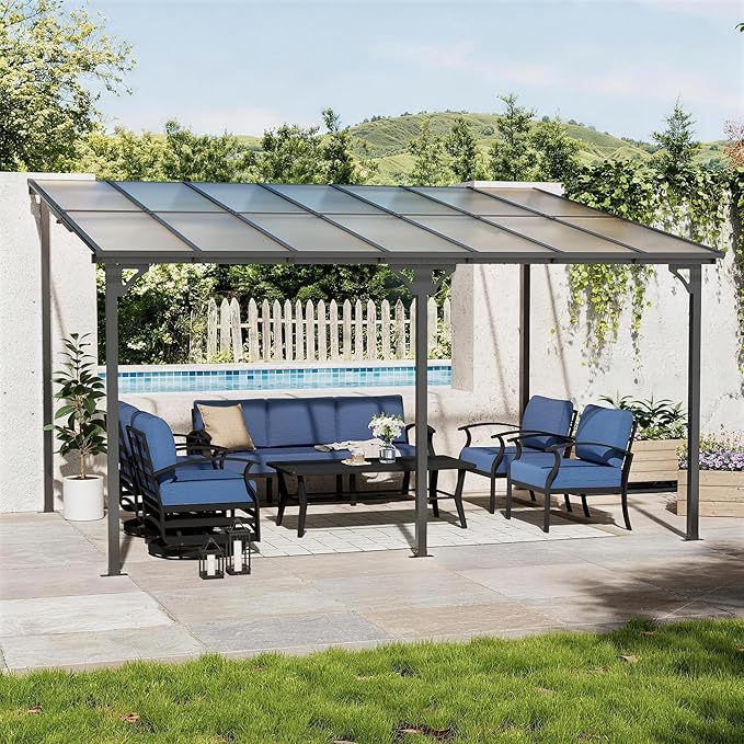 10' x 14' Lean to Gazeb,Hardtop Galvanized Steel Pergola with Sloped Polycarbonate Roof,Wall Mounted Gazebo Patio Canopy with Ground Anchor for Backyard Deck
