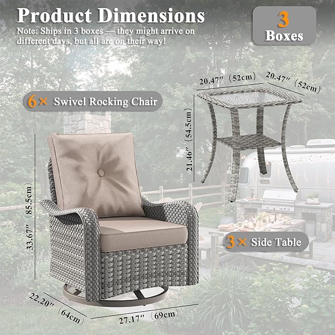 9 Piece Wicker Patio Furniture Set, Swivel Rocking Chairs with 4''Cushions, PE Rattan, Rust Resistant Frame, Double Layer Glass Side Table, for Backyard, Deck or Balcony, Beige