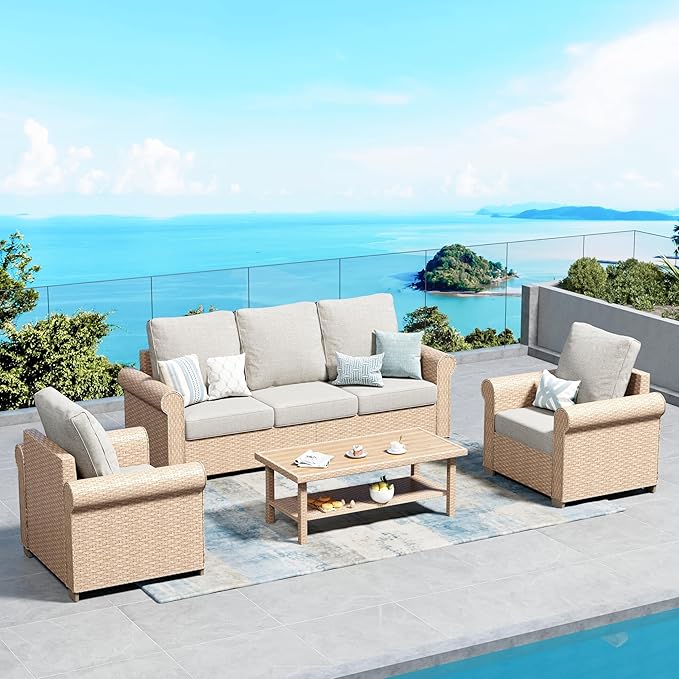 Patio Furniture Set 4 pcs, Wicker Rattan Sofa with 5.5” Thick Waterproof Cushions, 2 Chairs and Coffee Table, All Weather Outdoor Conversation Set for Backyard Deck, 5 Seats Beige