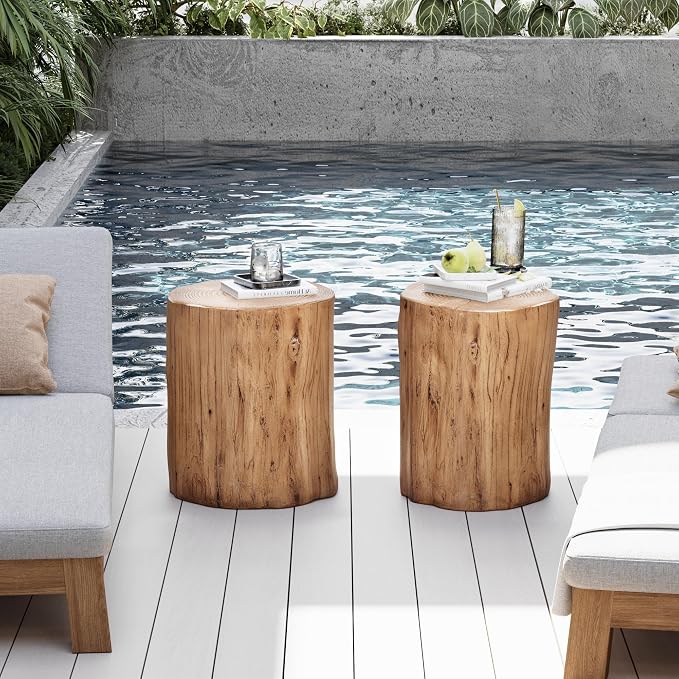 COSIEST 2 Pieses Outdoor Side Table, Hand-Painted Wood Stump Side Table Set of 2, Faux Wood Stool, Ottomans, Plant Stand, Deck or Garden (Light Oak)
