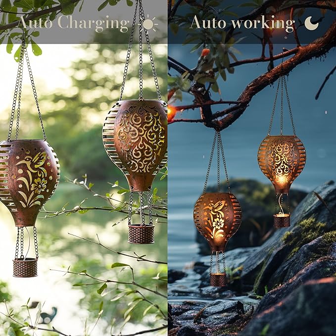 TERESA'S COLLECTIONS 2 Pack Hummingbird Flame and Hot Air Balloon Hanging Solar Lantern for Garden Decor, Outdoor Lights for Yard Decoration,Patio Yard Porch Lawn Ornaments as Gifts for Mom,18 Inch