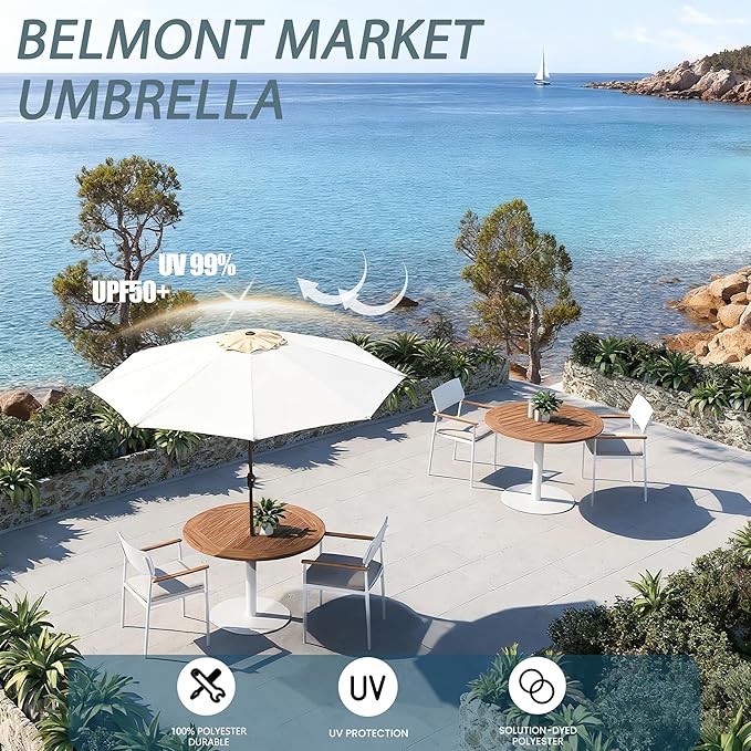 9FT Large Outdoor Patio Umbrella Market Table Umbrella-UV Resistant, Easy Push Button Tilt and Crank, 8 Sturdy Ribs Heavy-Duty Pool Umbrella for Deck,White