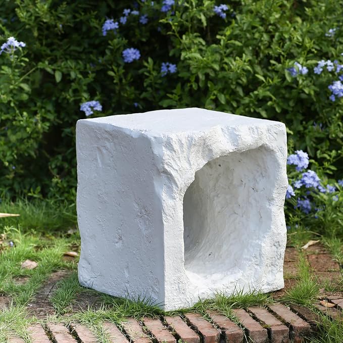 Christopher Knight Home Nataly 17.85" H Small Outdoor Side Table, Cubic Carved Garden Stool with Swirl Patterns, Lightweight Concrete End Table, Patio Decorative Home Stool for Balcony Backyard, White