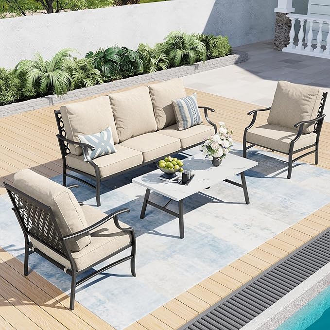 Patio Furniture Set, 4 Piece Modern Metal Outdoor Patio Furniture, 3 Seater Couch, 2 Fixed Chairs, Coffee Table and 5.75" Extra Thick Cushion, Patio Conversation Set for Backyard Deck