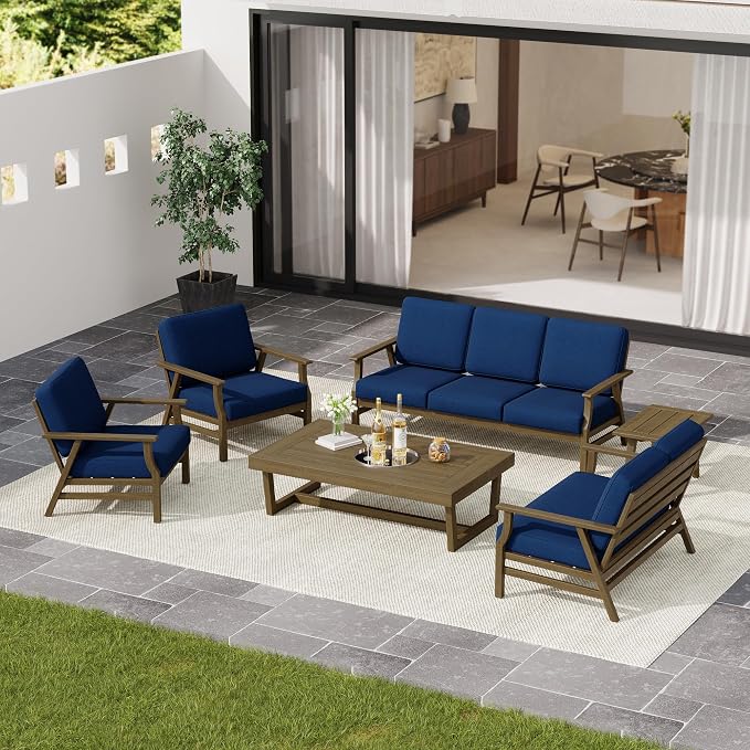 4 Pieces Patio Furniture Sets, Teak Wood Outdoor Sectional Furniture with Coffee Table, 5 Seats Patio Sofa Couch Conversation Set for Backyard Deck - Navy