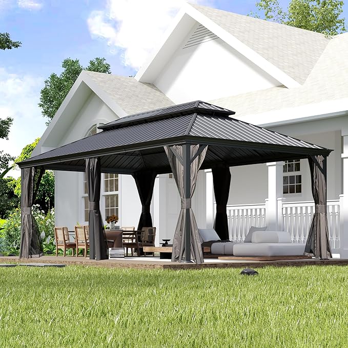 Domi 12' X 20' Hardtop Gazebo, Upgraded Metal Gazebo with Drainage System, Dual-Layer Galvanized Steel RoofCurtain and Netting, Outdoor Shelter Canopy for Patio, Garden, and Backyard, Grey