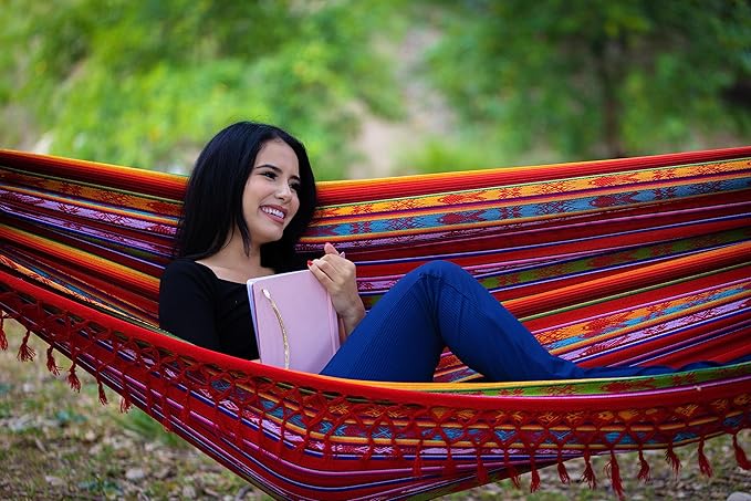 Boho Classic Hammock with Tassel, Handmade, Weather-Resistant, Hammock for Indoor & Outdoor, Lightweight Durable - for Patio, Porch, Backyard Lounging (Inti Red)