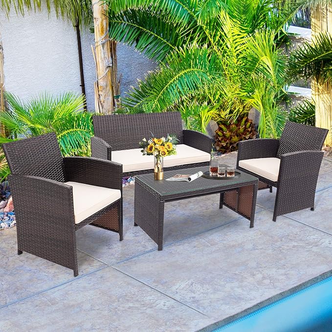 HAPPYGRILL Set of 4 Rattan Conversation Set Outdoor Wicker Furniture Set with Tempered Glass Coffee Table, Soft Cushions, Weather-Resistant Rattan Chair Set for Garden Backyard Poolside