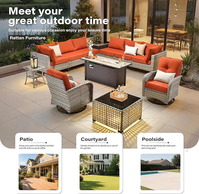 11 Pieces Outdoor Sectional Patio Furniture Set with 54" Fire Pit,Wicker Conversation Sets Rattan L Shaped Couch Swivel Rocking Chairs,Modular Outdoor Sofa for Porch Balcony Backyard Orange