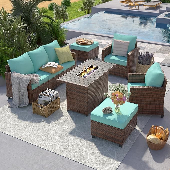 UDPATIO Patio Furniture Set with 44" Fire Pit Table, 6 Pieces Outdoor Sectional Conversation Sets, All-Weather Wicker Rattan Sofa Ottoman with 4" Thick Cushion for Garden Backyard Deck, Light Blue