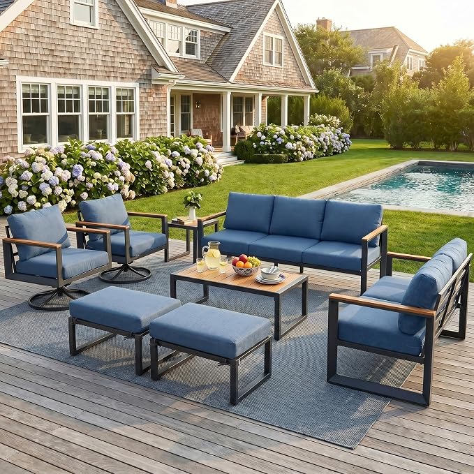 Aluminum Patio Conversation Set with Swivel Rocking Chairs, 7 Pieces Oversized Outdoor Sectional Furniture with Thick Cushions for Porch, Balcony, Yard