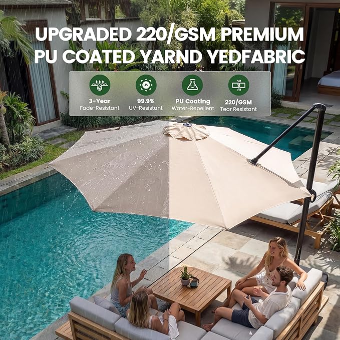 OLILAWN 10ft Patio Umbrella with Base Included, Large Cantilever Offset Outdoor Umbrella with 360°Rotation & Infinite Tilt, Heavy-Duty Frame for Deck, Pool, Backyard, Garden, Champagne