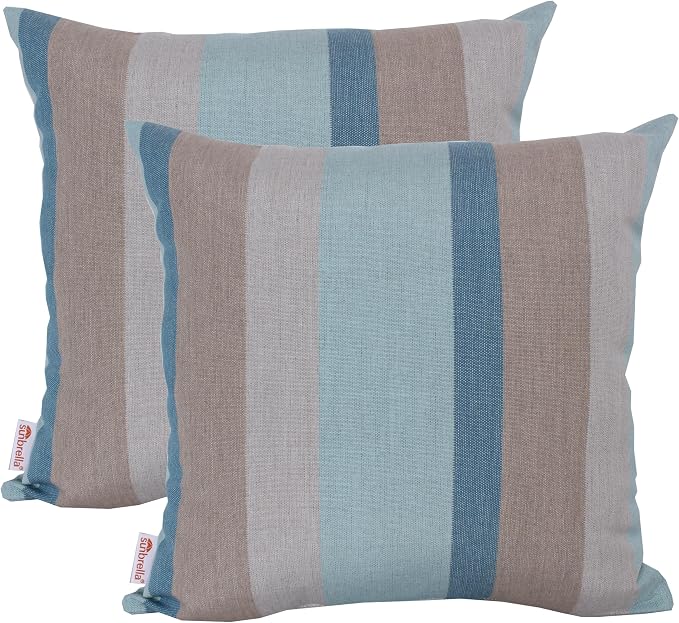Outdoor/Indoor Sunbrella Throw Pillow Cover Only Square Set of 2 Pieces 16 inch x 16 inch Gateway Mist Stripe - Insert Not Included, Blue/Brown