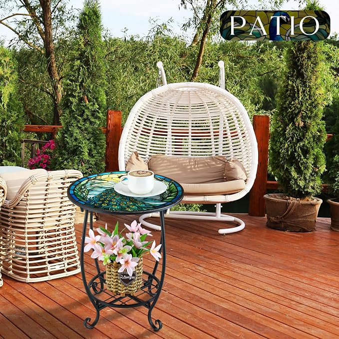 Cinnvoice Outdoor Side Table Round Small Mosaic Patio Accent Indoor End Plant Coffee Tea Table for Yard Patio Porch Garden Living Room, Bedroom(Peacock Style,16 Inch)