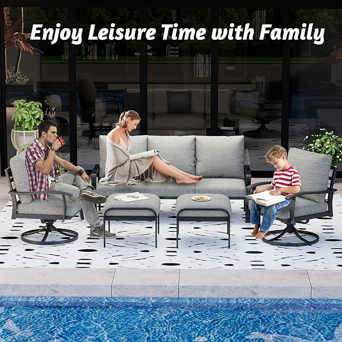 HOMREST Patio Furniture Sets 6 PCS Outdoor Metal Conversation Sets, 360 Degree Swivel Rocking Chairs Patio Conversation Set with Ottomans, Coffee Table and 3-Seat Sofa for Garden, Deck and Poolside
