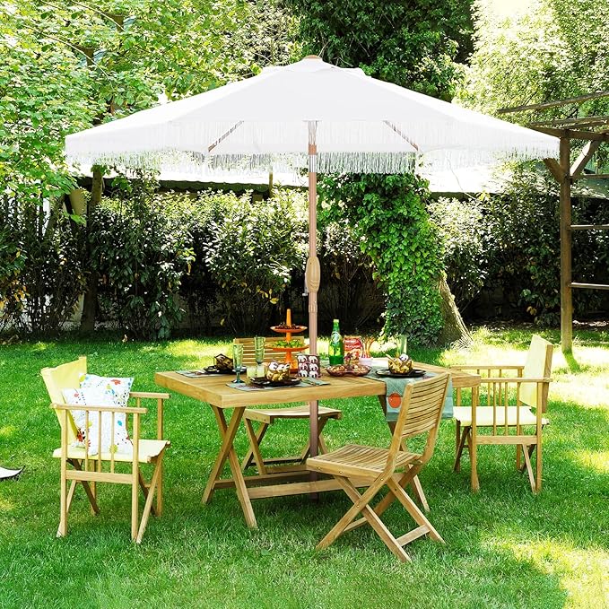 7.5ft Fringe Umbrella,Outdoor Market Umbrella with Push Button Tilt and Crack for Garden, Pool, Deck, Bistro,White