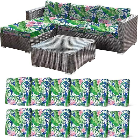 CALBODE 12 Pcs Outdoor Seat Cushion Covers, Stretch Chair Seat Cover for Patio Furniture Cushions Washable Reusable Indoor/Outdoor Couch Cover Replacement (Tropical Plant, Cover Only)