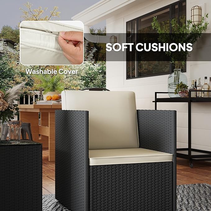Outsunny 3 Piece Patio Furniture Set, Folding Outdoor Wicker Bistro Set with Washable Cushions, Adjustable Feet, and Glass Coffee Table, Easy Assembly for Garden, Balcony, Poolside, Backyard, Black